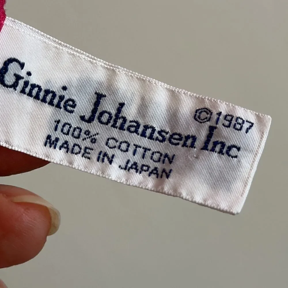 Vintage 1987 Ginnie Johansen bright pink cotton square scarf/ paisley border‎
